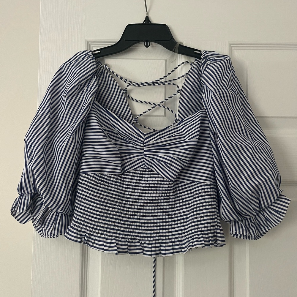 DO+BE Blue and White Puff Sleeve Crop Blouse